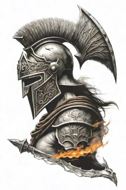a Spartan warior, writings about war words, he has a flaming spear, show me above shoulders tattoo design idea