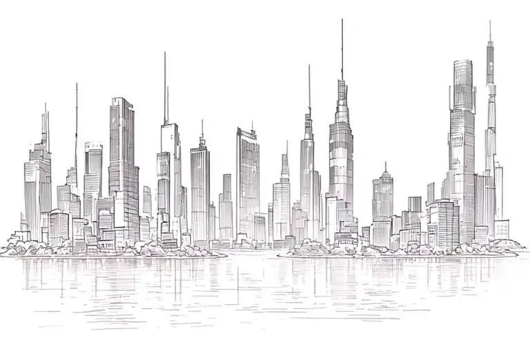 High -rise buildings, grapefruita wood, system administrator, red and white, administrator, ark, lake, red -haired Virgin tattoo design idea