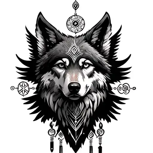 Create a detailed and special tattoo design that reflects the spirit of Shamanism. At the center of the design, a wolf and eagle tattoo design idea
