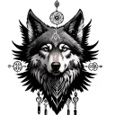 Create a detailed and special tattoo design that reflects the spirit of Shamanism. At the center of the design, a wolf and eagle tattoo design idea