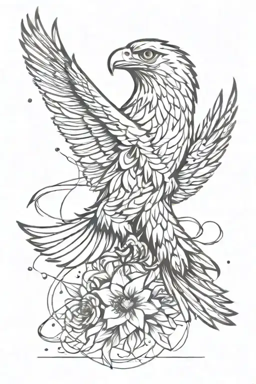 Eagle around broken chains breaking and bursting fireworks and delicate flower tattoo design idea