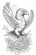 Eagle around broken chains breaking and bursting fireworks and delicate flower tattoo design idea