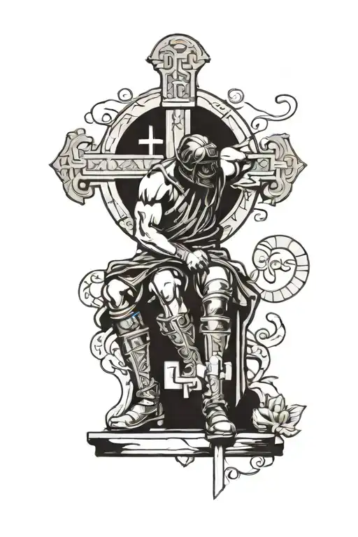 Roman soldier lifting up at the head of a cross from the squatting position. with the verse Mark 8:34 in Roman numerals tattoo design idea