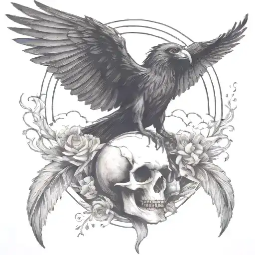 raven holding a skull flying away surrounded by rolling wind and clouds  tattoo design idea