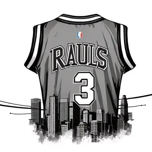 Back of basketball jersey number 3 with the name Rauls, on a cable wire with a skyline in the background  tattoo design idea