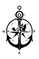 compass, anchor, elephant on left of anchor, rabbit on right of anchor tattoo design idea