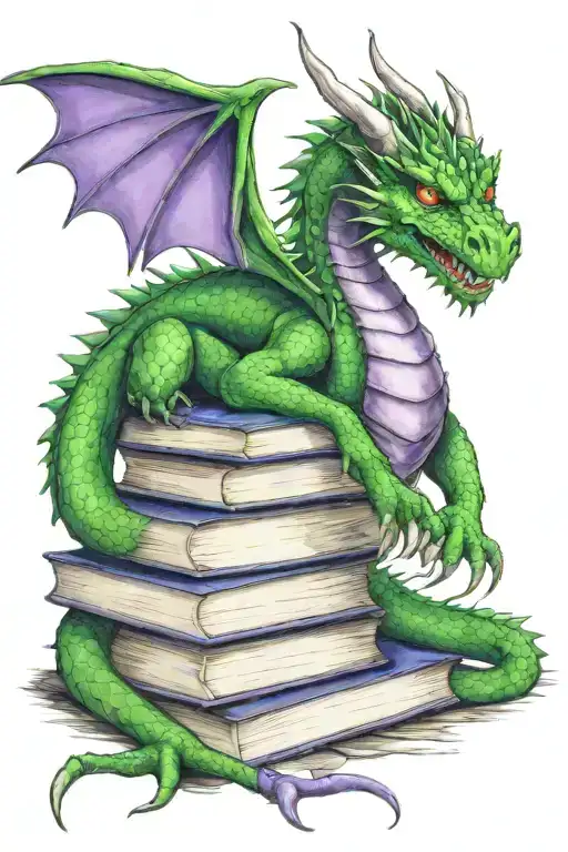 green dragon with purple eyes standing over a stack of books tattoo design idea