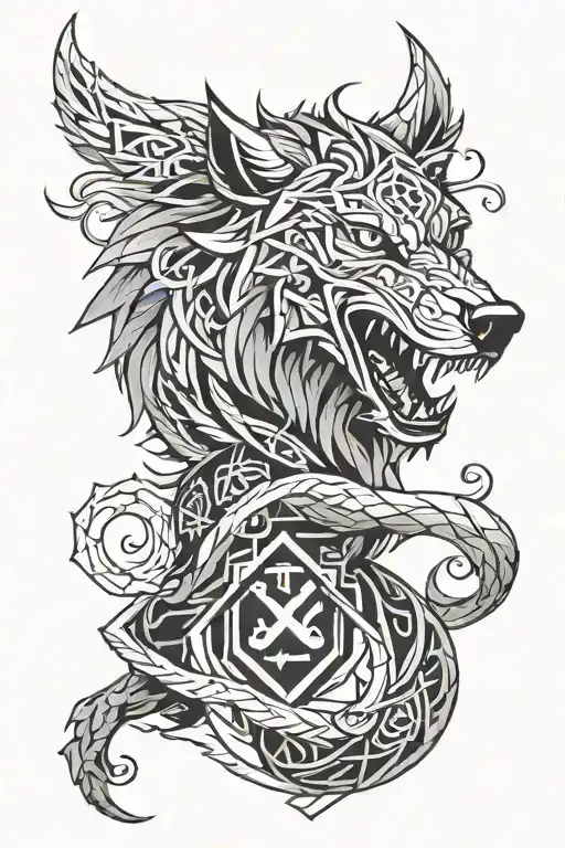 angry fenrir with runes wrapping, nordic, black and grey, with not allot of black tattoo design idea