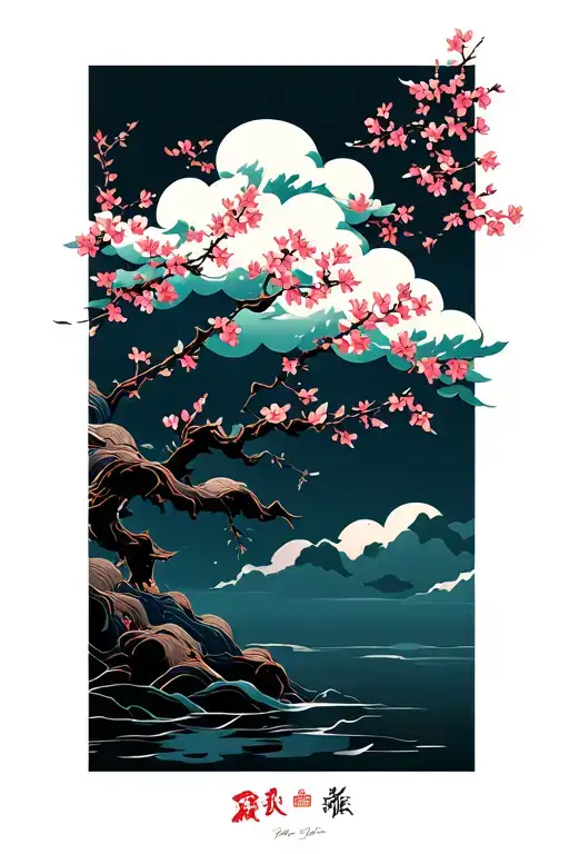Cloud Japanese Leafs Cherry Blossom tattoo design idea
