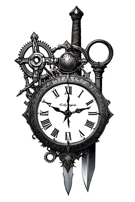 steampunk clock with a knight's templar sword behind it tattoo design idea