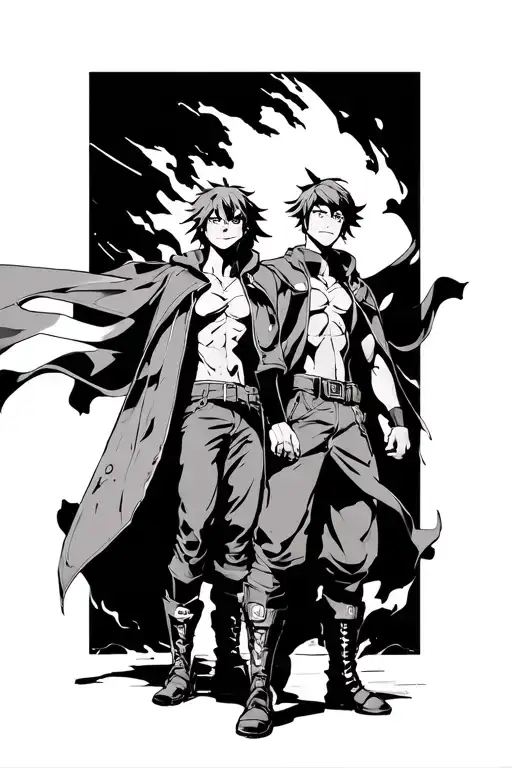 Kamina and Simon from Gurren Lagann with their cape and jacket blowing in the wind tattoo design idea