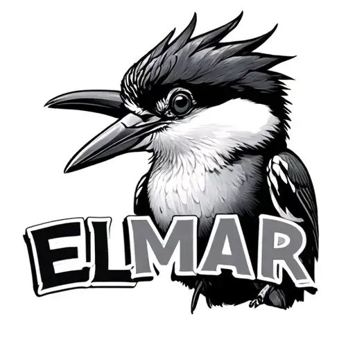 black and white kookaburra with words ELMAR tattoo design idea