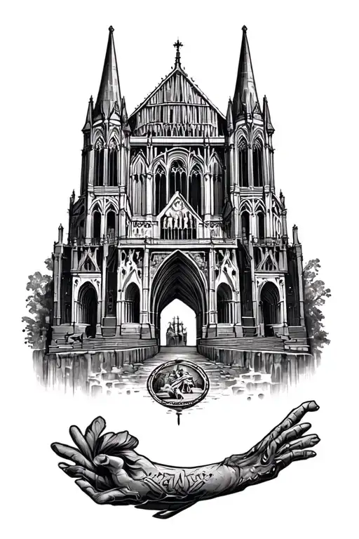 Cathedral architecture, spires, arches, buttresses, columns, etc, surrounding a central portrait on the bicep tattoo design idea