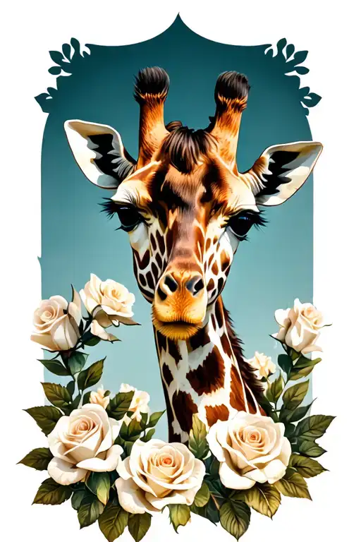 giraffe surrounded by white roses tattoo design idea