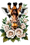 giraffe surrounded by white roses tattoo design idea