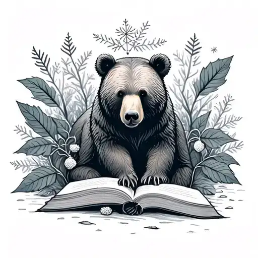 bear,  strawberry plant, forest, book, snowflake tattoo design idea