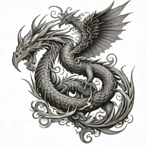 a dragon and a phoenix clashing tattoo design idea