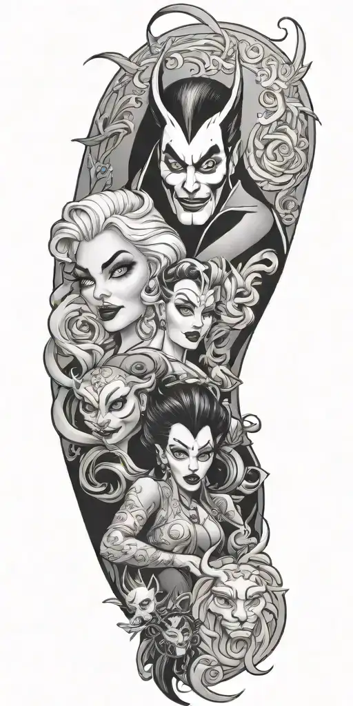 full sleeve disney villains whole arm tattoo tattoo design idea