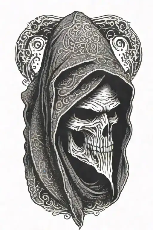 hooded reaper hiding face tattoo design idea