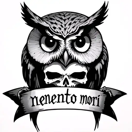 owl with a skull and the words memento mori written tattoo design idea
