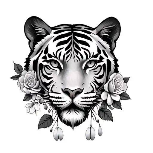 half tiger face with 3 birth clocks with roses, violets and snow drops tattoo design idea