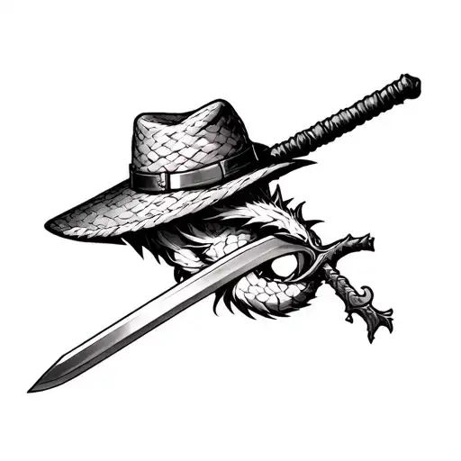 straw hat with dragon ball and ichigo sword tattoo design idea