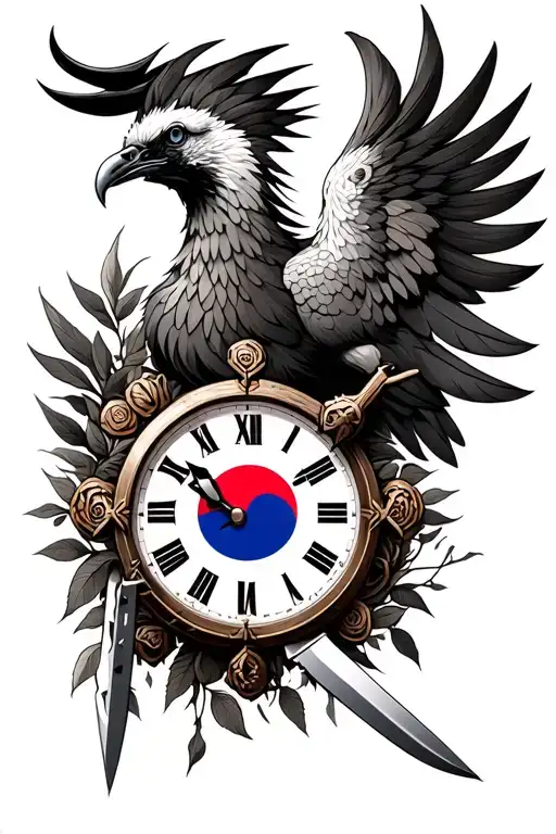 - Phoenix- bullets- knives- craftsmanship/bushcraft- half clock with korean flag symbols as the timing tattoo design idea