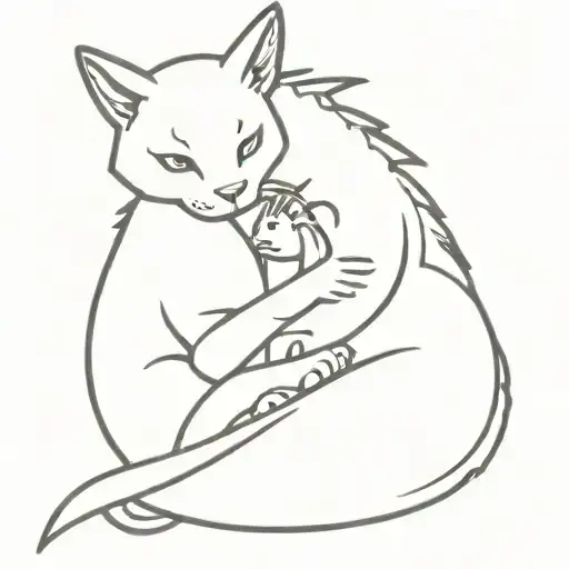 Dragon hugs cute cat playing tattoo design idea