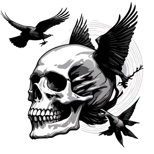 skull with 2 birds flying around (tattoo medium size not realistic style) tattoo design idea