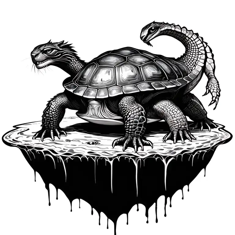 Demonic turtle with a Island Tank on that lives other demons. The other demons could be demonic cats, reptiles tattoo design idea