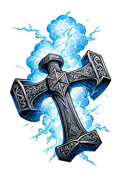 Black cumulonimbus cloud background with mjolnir in middle, bluish white lightning coming out of mjolnir.  tattoo design idea
