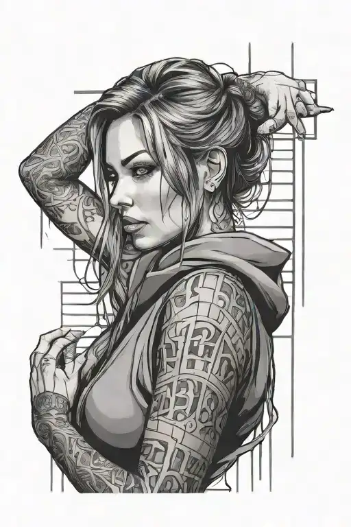 woman behind prison bars in jumpsuit tattoo design idea