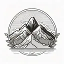 black and gray minimal line art. mountain range with sun from Filipino flag in the background tattoo design idea