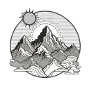 black and gray minimal line art. mountain range with sun from Filipino flag in the background tattoo design idea