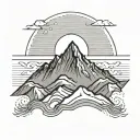 black and gray minimal line art. mountain range with sun from Filipino flag in the background tattoo design idea