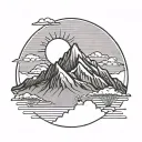black and gray minimal line art. mountain range with sun from Filipino flag in the background tattoo design idea