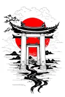 Create tattoo art, a tori gate with a red sun behind tattoo design idea