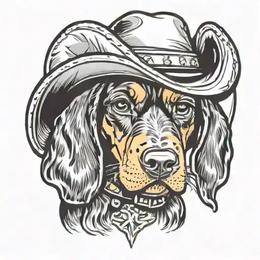 Black and Tan coonhound puppy wearing a cowboy hat tattoo design idea
