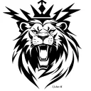 A small black-ink tattoo for the upper arm symbolizing inner strength and power. The design should feature a minimalist lion head or roaring lion with sharp clean lines, possibly combined with a lightning bolt or crown above it. Style should be simple but bold — something that radiates confidence and quiet strength without being too detailed. No shading, just clear black line work. Optional: subtly include the Bible verse reference “1 John 4:4” in small text beneath the image. tattoo design idea