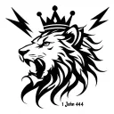 A small black-ink tattoo for the upper arm symbolizing inner strength and power. The design should feature a minimalist lion head or roaring lion with sharp clean lines, possibly combined with a lightning bolt or crown above it. Style should be simple but bold — something that radiates confidence and quiet strength without being too detailed. No shading, just clear black line work. Optional: subtly include the Bible verse reference “1 John 4:4” in small text beneath the image. tattoo design idea