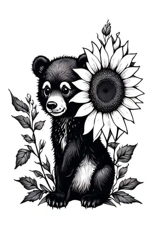 cute bear cub and sunflower tattoo design idea