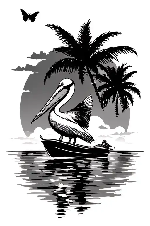 tropical beach sunset pelican flying butterfly sailboat tattoo design idea