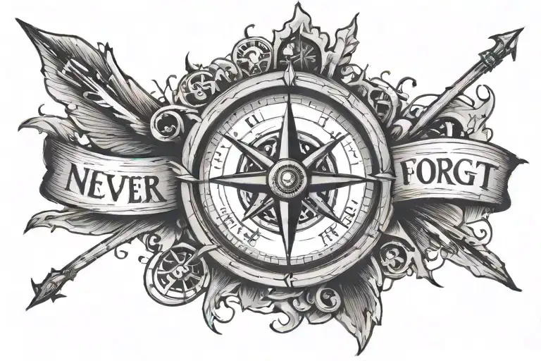 Clock with hands facing pointing to 1 saying never forget with a compass rose tattoo design idea