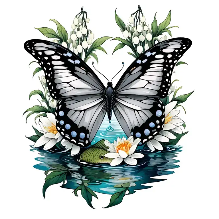 Aquarius and Pisces butterfly surrounded by water and lily of the valley and fish tattoo design idea