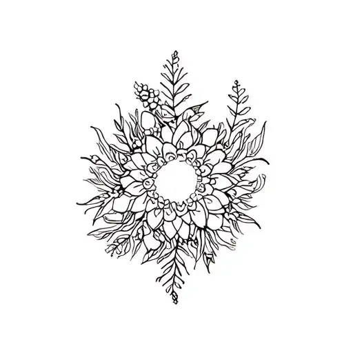 black and white fine line minimalistic mandala with vegetation and flowers tattoo design idea