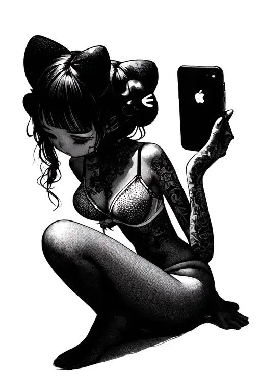 A girl in a bra with a Hello Kitty head down to her knees takes a photo on an iPhone. tattoo design idea