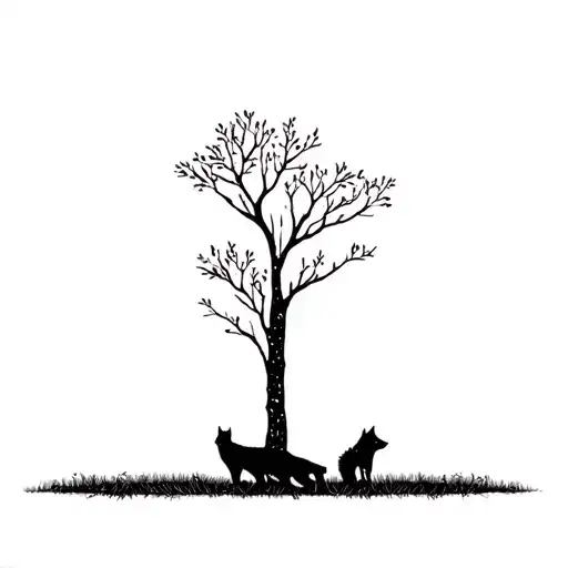 willow tree with a bobcat on one side and a Wolf on the other side tattoo design idea