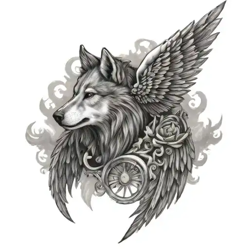 A back tattoo design featuring angel wings and a wolf's head, as well as figures representing good and evil tattoo design idea