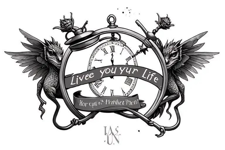 "Live Your Life" "Live Your Life" hourglass and pocket watch background creatures tattoo design idea