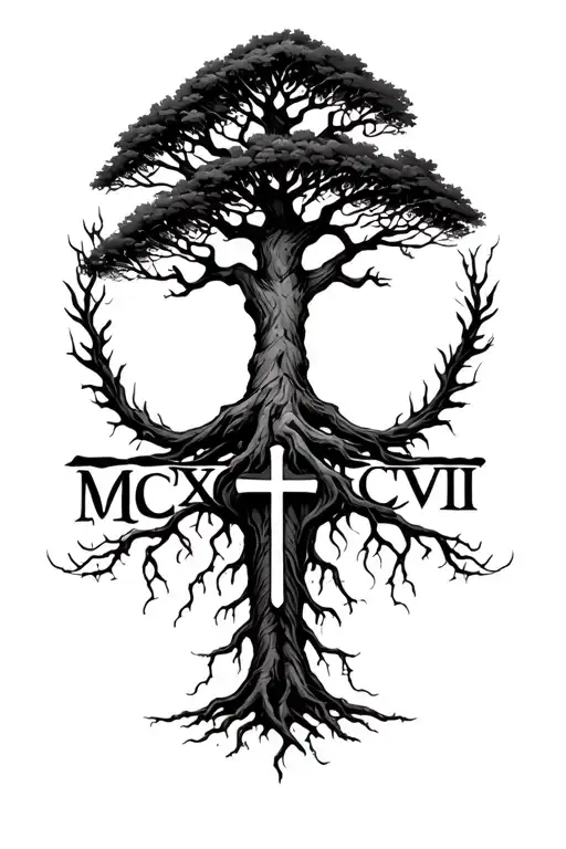 "MCMXCVIII" "MCMXCVIII" a  oak tree with deep roots and with orthodox cross in the background  tattoo design idea